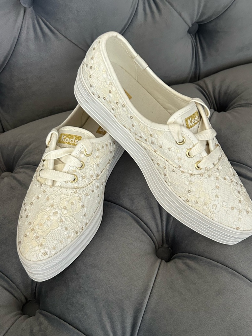 Keds Women's Cream Lace Platform Sneakers with Gold Accents